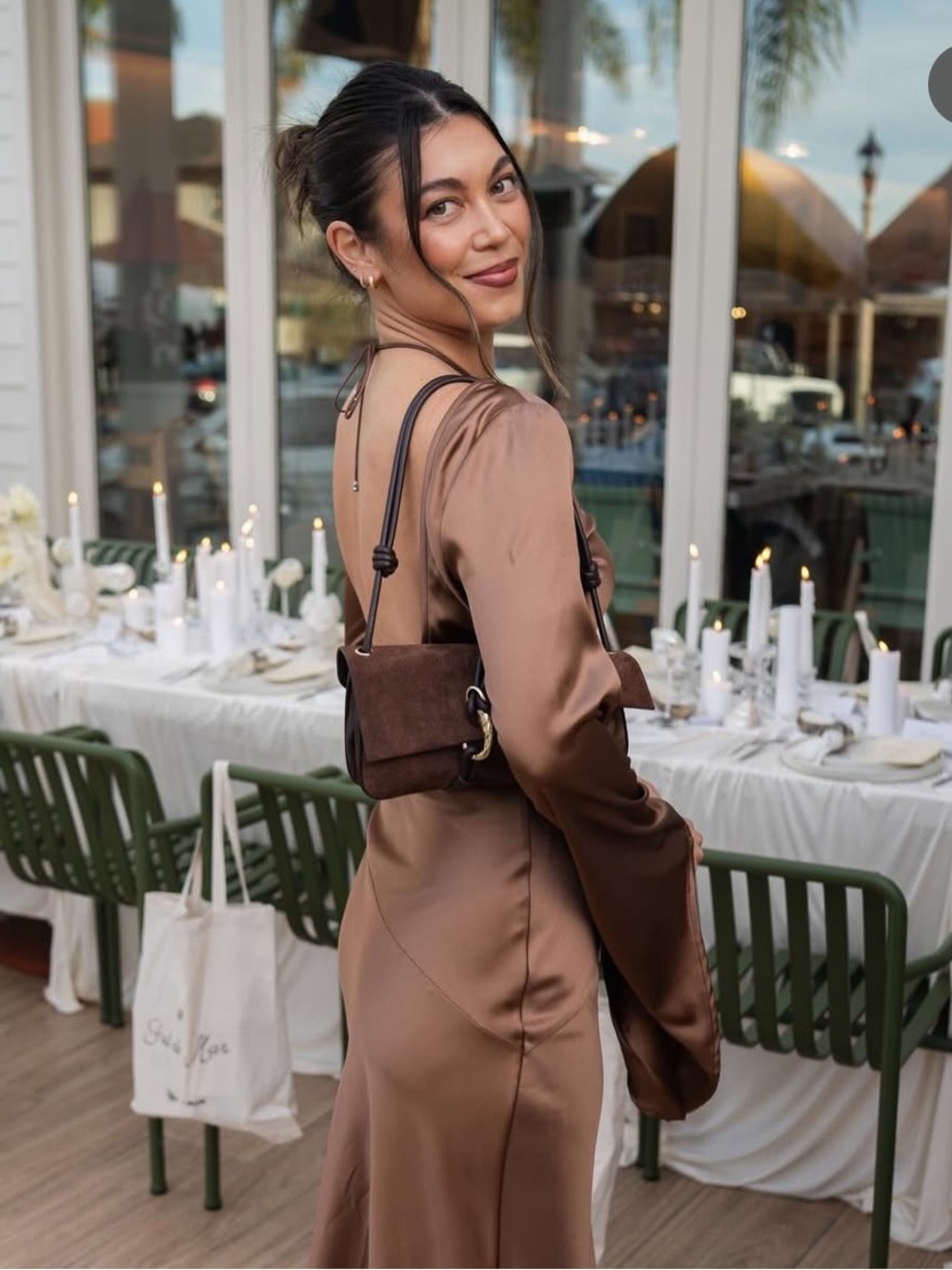 Velvet Club Brown Satin Long-Sleeve Evening Dress